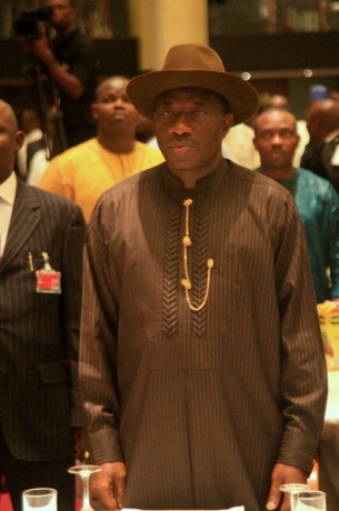 Goodluck observes the National anthem