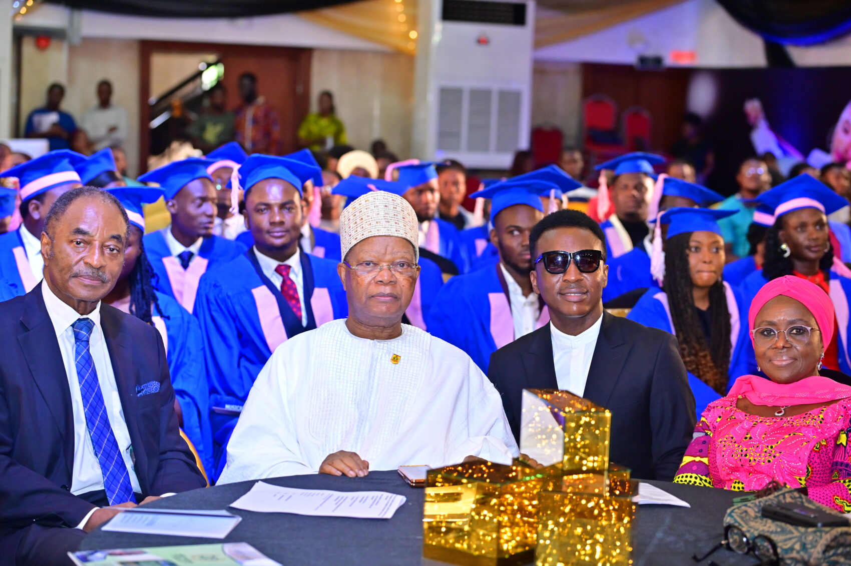 L-R; Chairman, MUSON, Louis Mbanefo; Chairman, MTN Foundation, Prince Julius Adelusi-Adeluyi (OFR) mni; Gospel Artiste, Frank Edwards and Director, MTN Foundation, Dr Mosun Belo-Olusoga, at the 16th graduation ceremony held at MUSON Centre, Onikan Lagos on Thursday, 6 July 2023.
