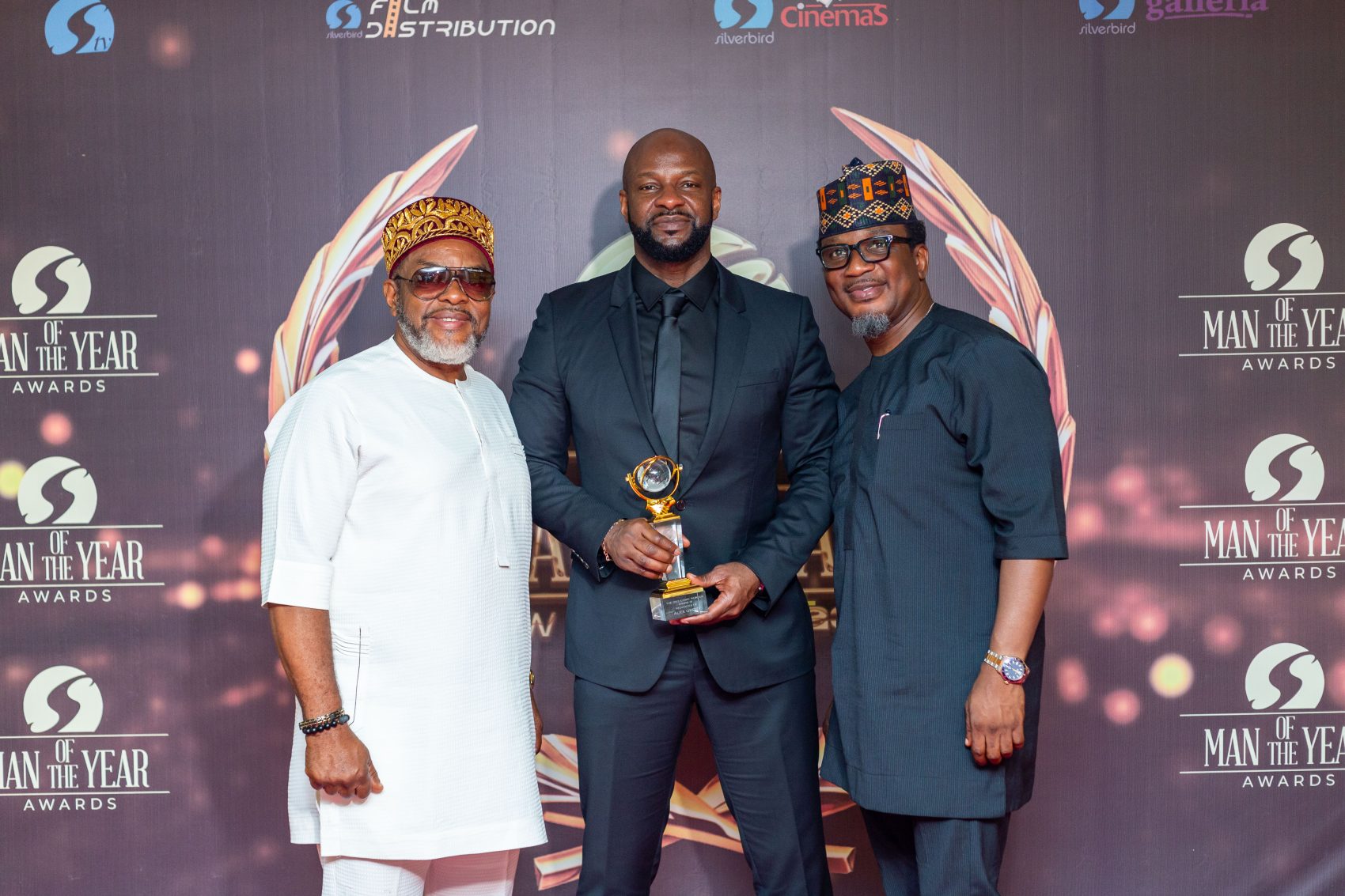 L-R: Emeka Okosi, Alex Okosi and Obinna Aniche as Okosi received the Iconic Pioneer Award at the 2023 Silverbird Man of The Year Awards held in Lagos, yesterday.