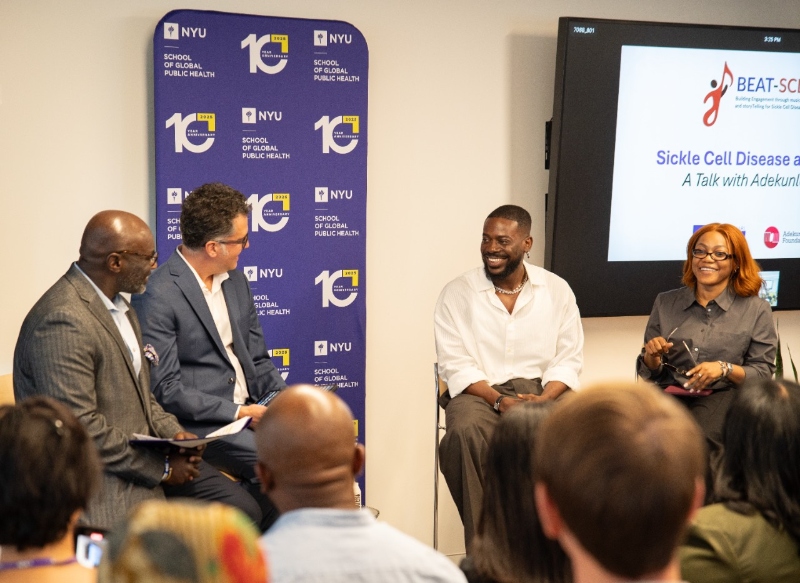Adekunle Gold pictured during a visit NYU School of Global Public Health to launch a research collaboration, along with professor Emmanuel Peprah, professor Carlos Chirinos, and Elizabeth Sobowale from the Adekunle Gold Foundation