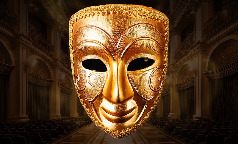 A gold mask against a dim background